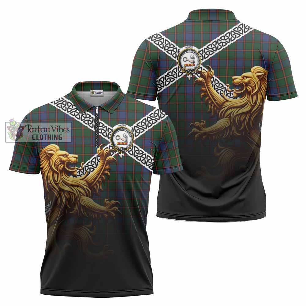 Tartan Vibes Clothing Skene Crest Tartan Zipper Polo Shirt with Golden Lion Emblem Celtic Style