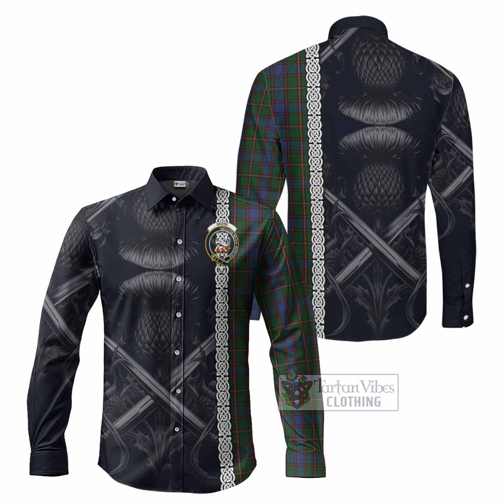 Tartan Vibes Clothing Skene Tartan Long Sleeve Button Shirt with Family Crest Cross Sword Thistle Celtic Vibes