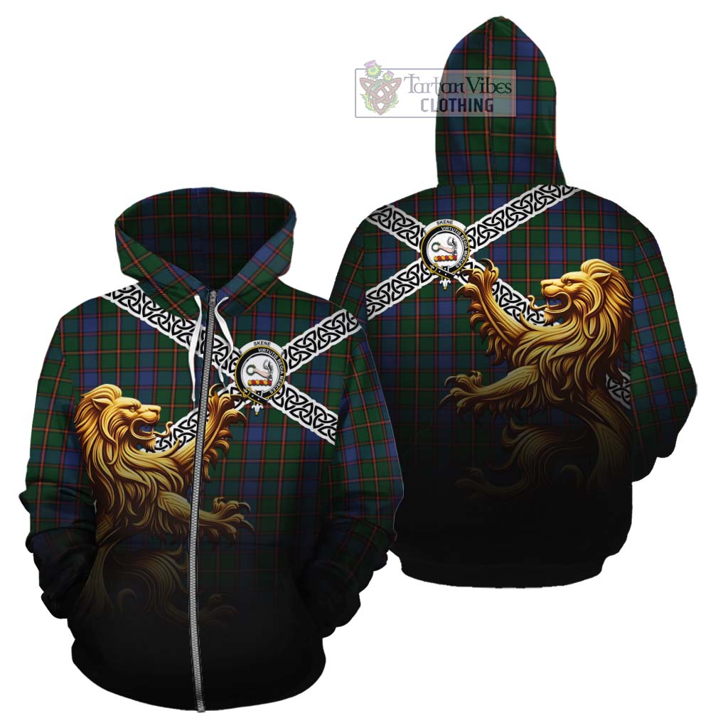 Tartan Vibes Clothing Skene Crest Tartan Cotton Hoodie with Golden Lion Emblem Celtic Style