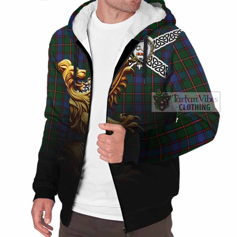 Tartan Vibes Clothing Skene Crest Tartan Sherpa Hoodie with Golden Lion Emblem Celtic Style
