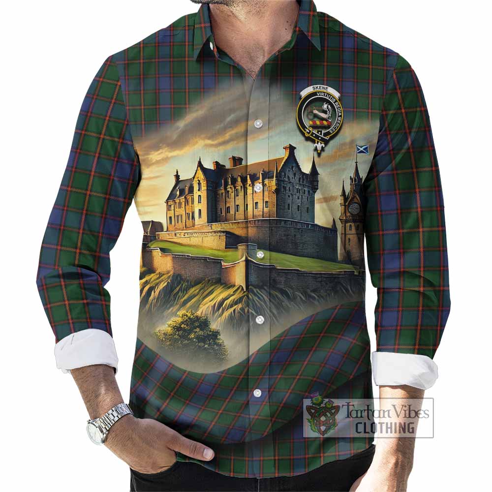 Tartan Vibes Clothing Skene Tartan Family Crest Long Sleeve Button Shirt with Scottish Ancient Castle Style