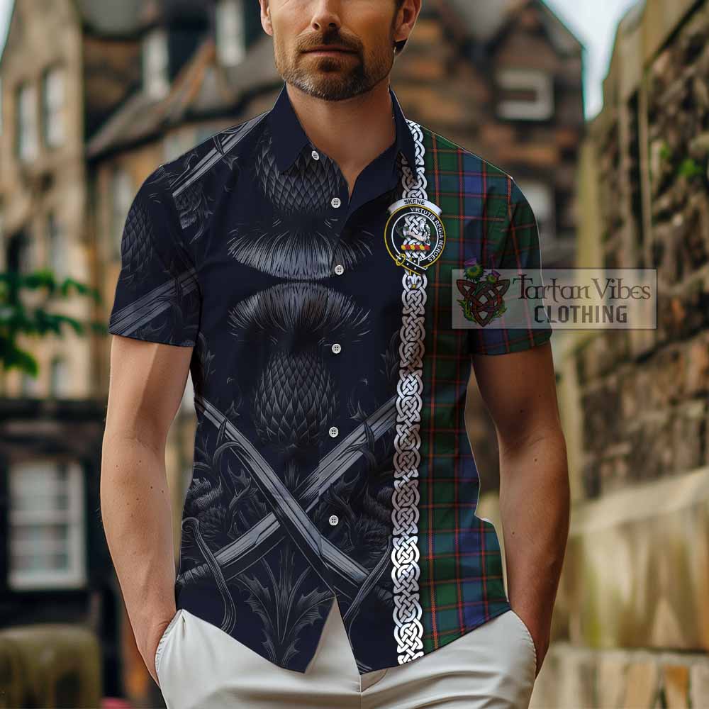 Tartan Vibes Clothing Skene Tartan Short Sleeve Button Shirt with Family Crest Cross Sword Thistle Celtic Vibes