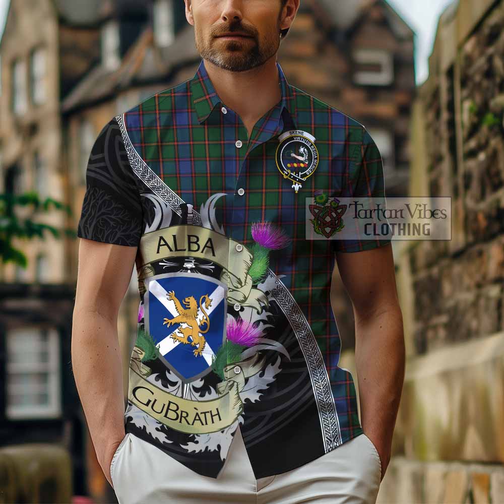 Tartan Vibes Clothing Skene Tartan Family Crest Short Sleeve Button Shirt Lion Rampant Royal Thistle Shield Celtic Inspired