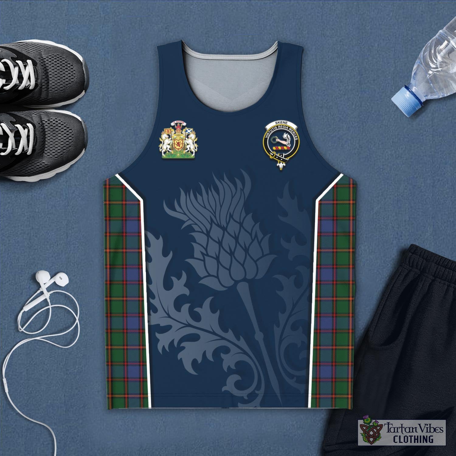 Tartan Vibes Clothing Skene Tartan Men's Tanks Top with Family Crest and Scottish Thistle Vibes Sport Style