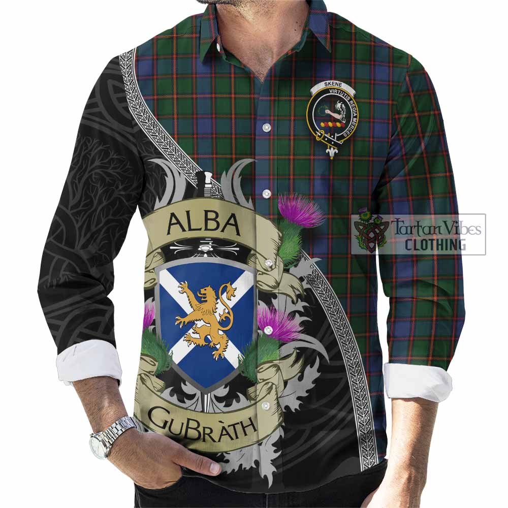 Tartan Vibes Clothing Skene Tartan Family Crest Long Sleeve Button Shirt Lion Rampant Royal Thistle Shield Celtic Inspired