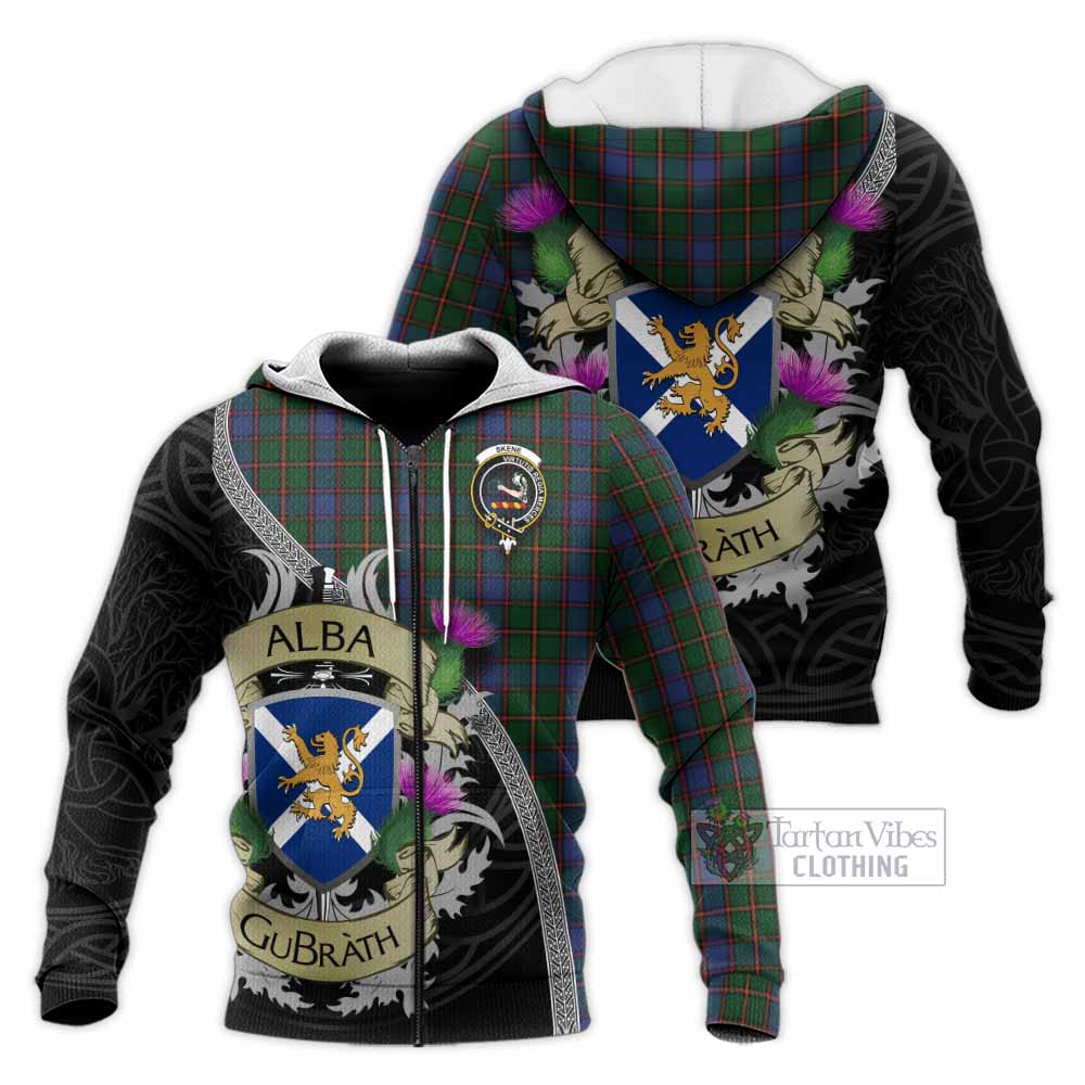 Tartan Vibes Clothing Skene Tartan Family Crest Knitted Hoodie Lion Rampant Royal Thistle Shield Celtic Inspired