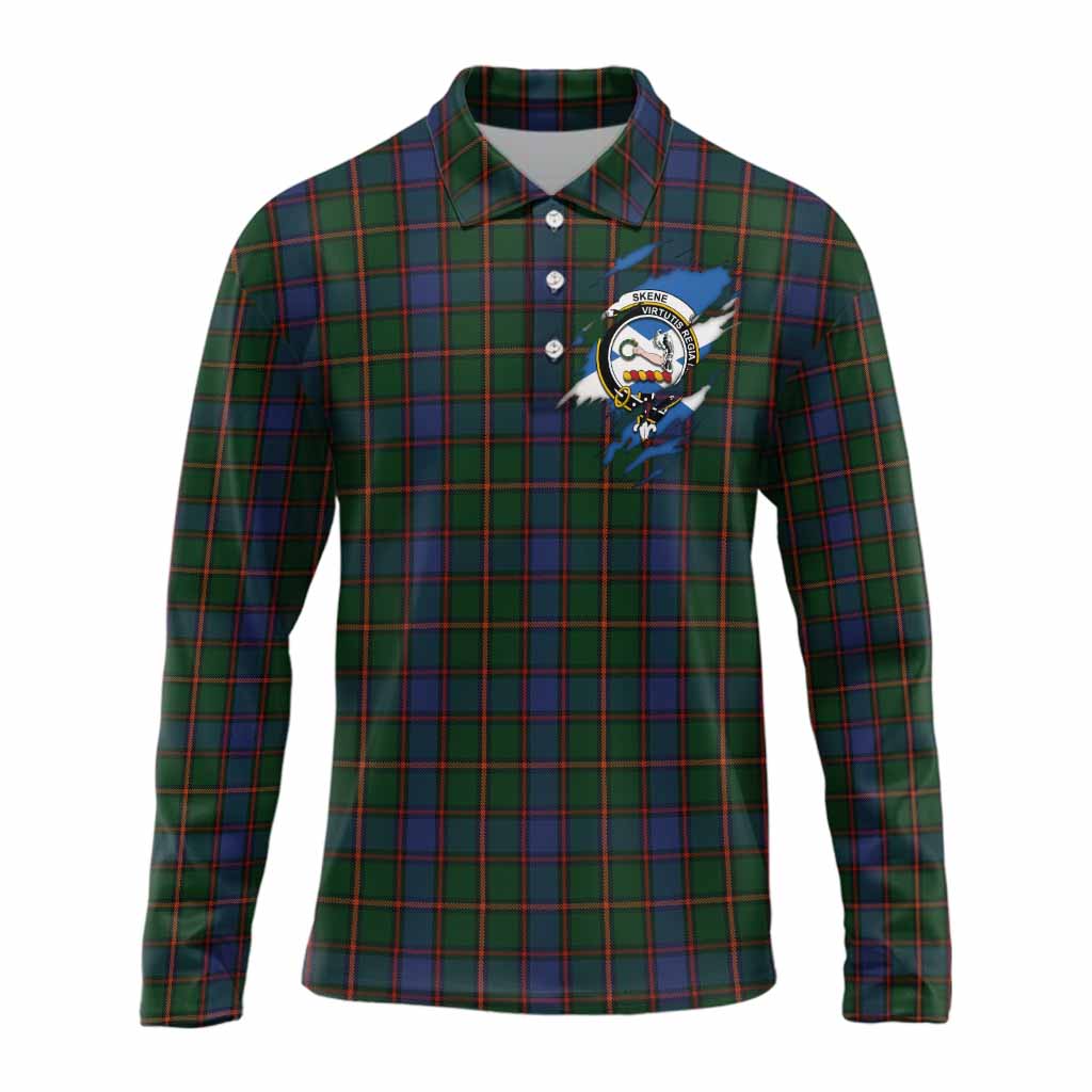 Skene Clan Crest In Me Tartan Long Sleeve Polo Shirt Scotland Flag Style