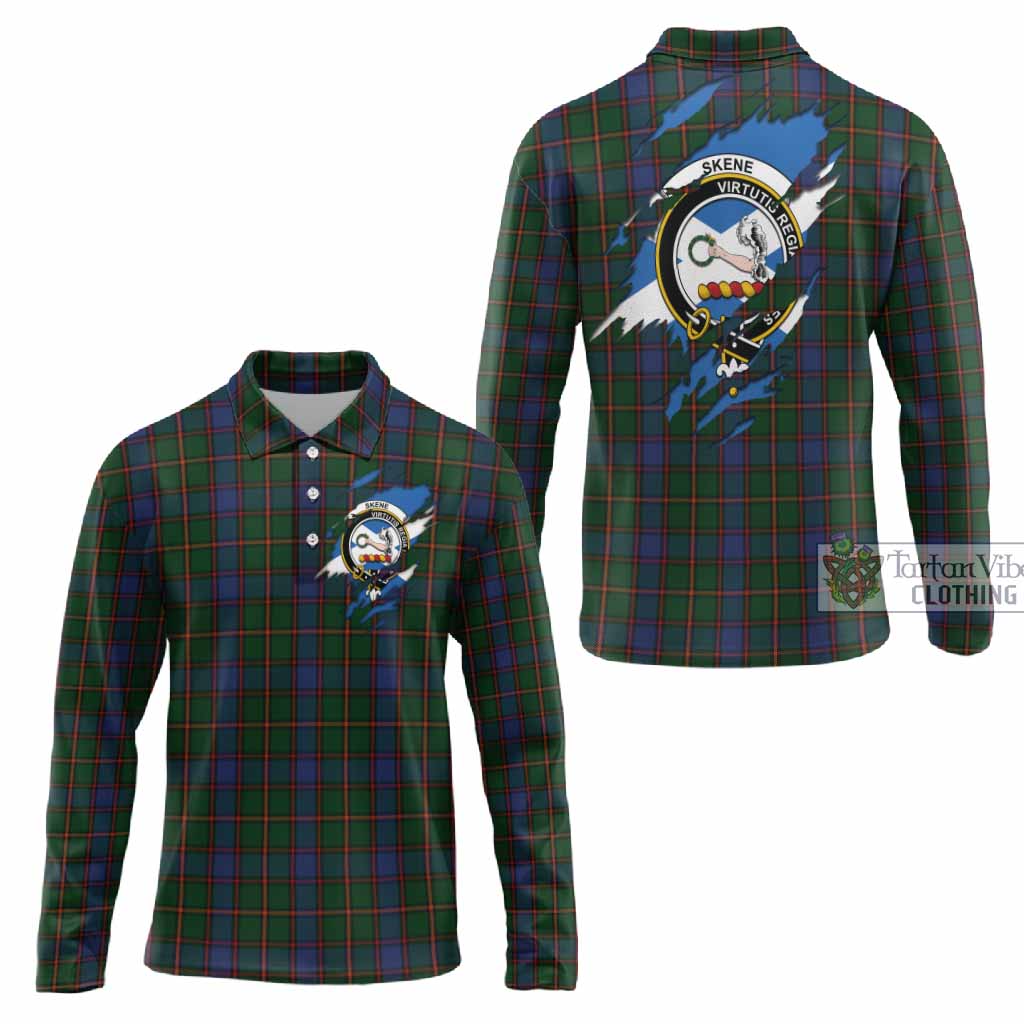 Skene Clan Crest In Me Tartan Long Sleeve Polo Shirt Scotland Flag Style