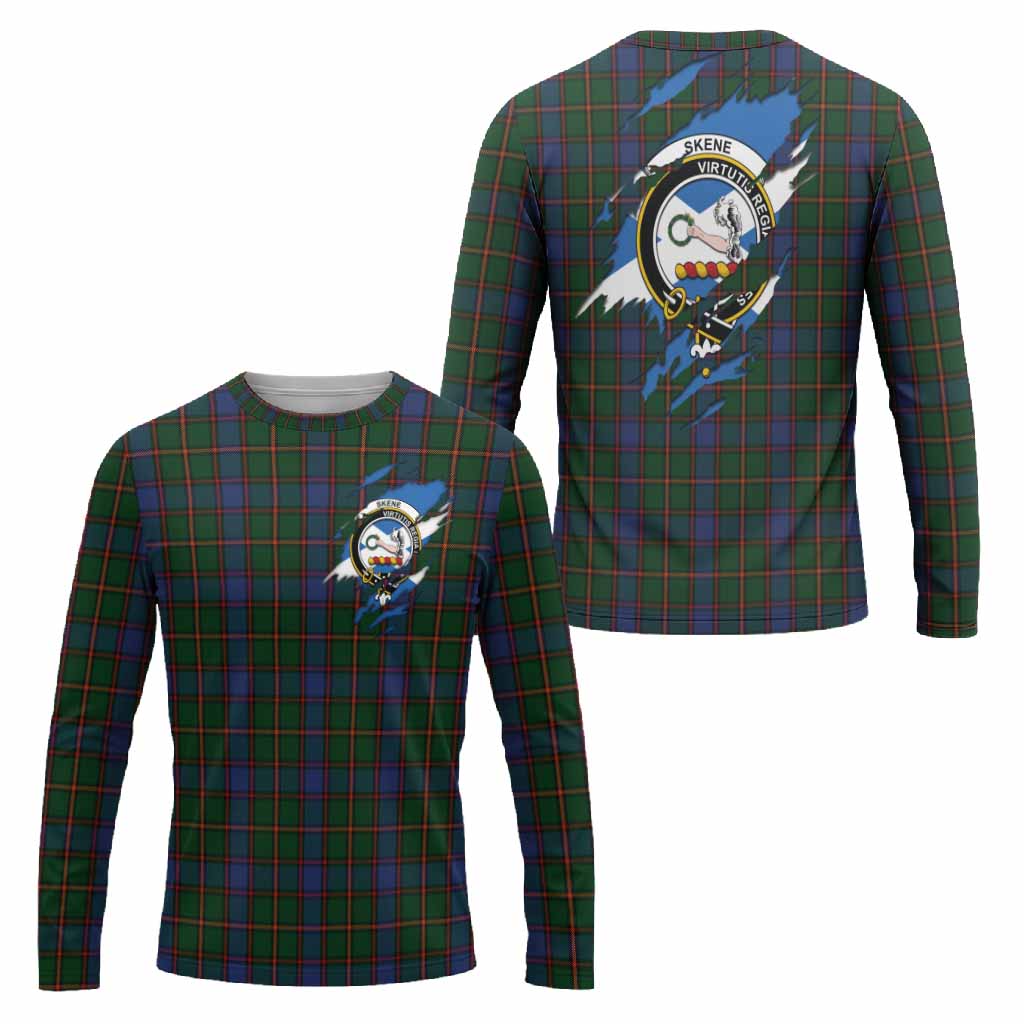 Skene Clan Crest In Me Tartan Long Sleeve T-Shirt Scotland Flag Style