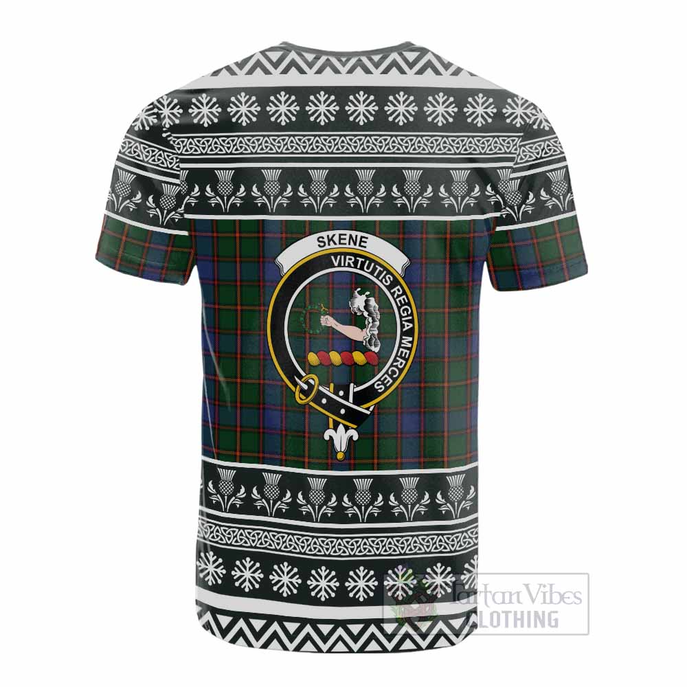 Skene Clan Tartan Christmas Cotton T-shirt with Family Crest - Tartan Vibes Clothing