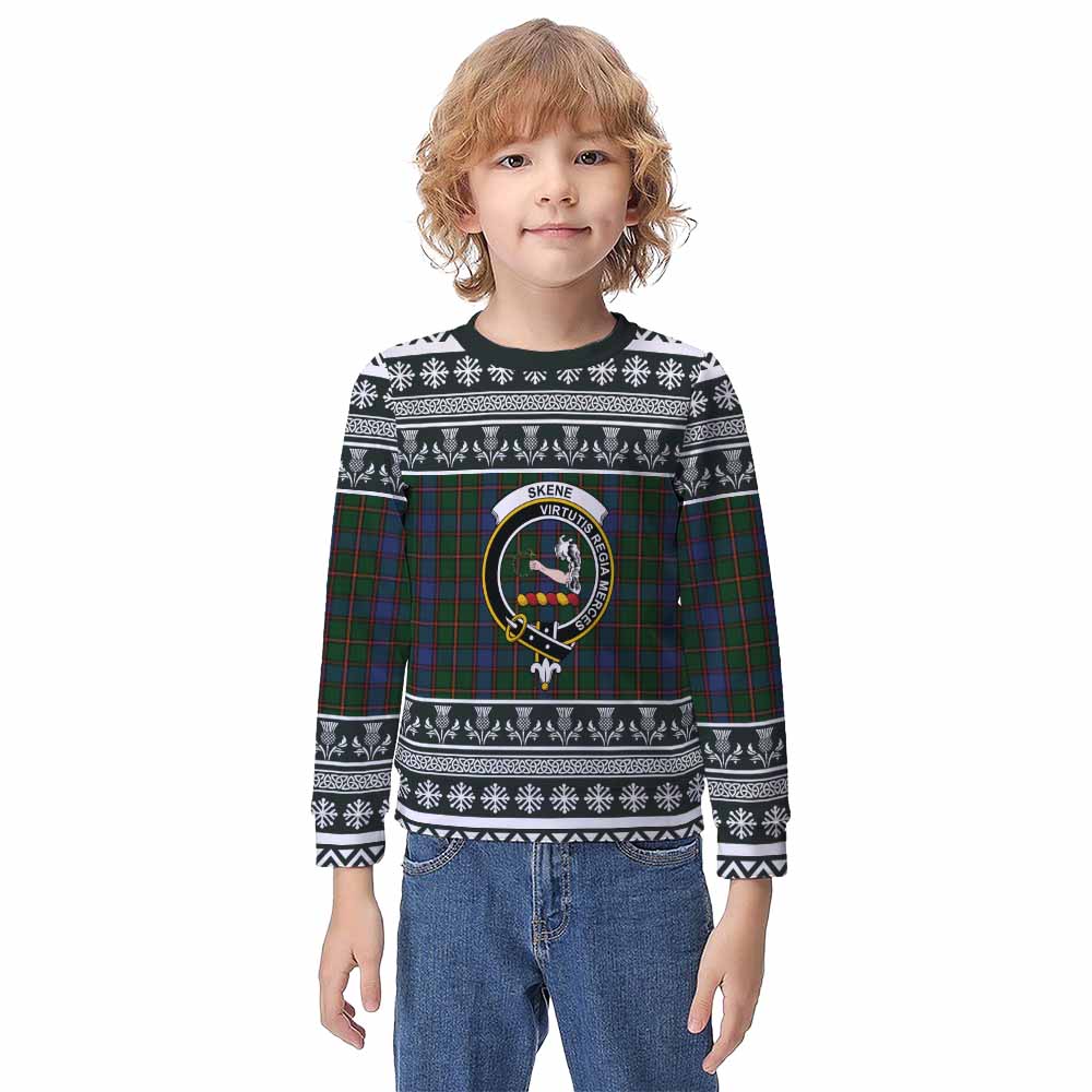 Skene Clan Tartan Christmas Kid Ugly Sweatshirt with Family Crest - Tartan Vibes Clothing
