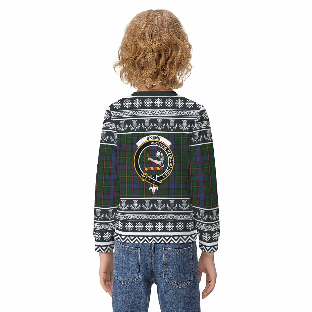Skene Clan Tartan Christmas Kid Ugly Sweatshirt with Family Crest - Tartan Vibes Clothing