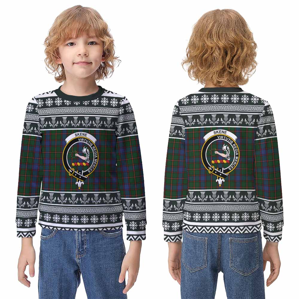 Skene Clan Tartan Christmas Kid Ugly Sweatshirt with Family Crest - Tartan Vibes Clothing