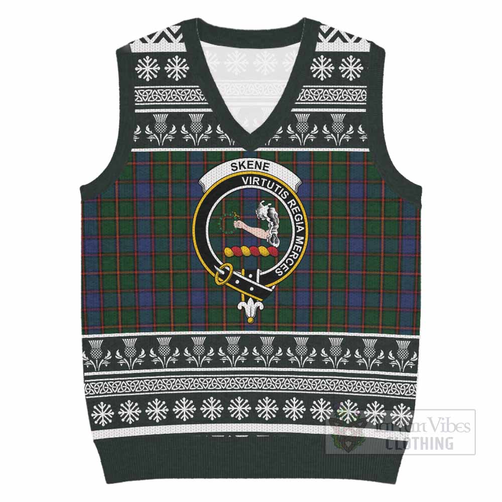 Skene Clan Tartan Christmas Knitted V-Neck Vest with Family Crest - Tartan Vibes Clothing