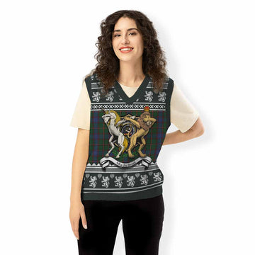 Skene Clan Tartan Crest Christmas Knitted V-Neck Vest Coat of Arms Funny Style