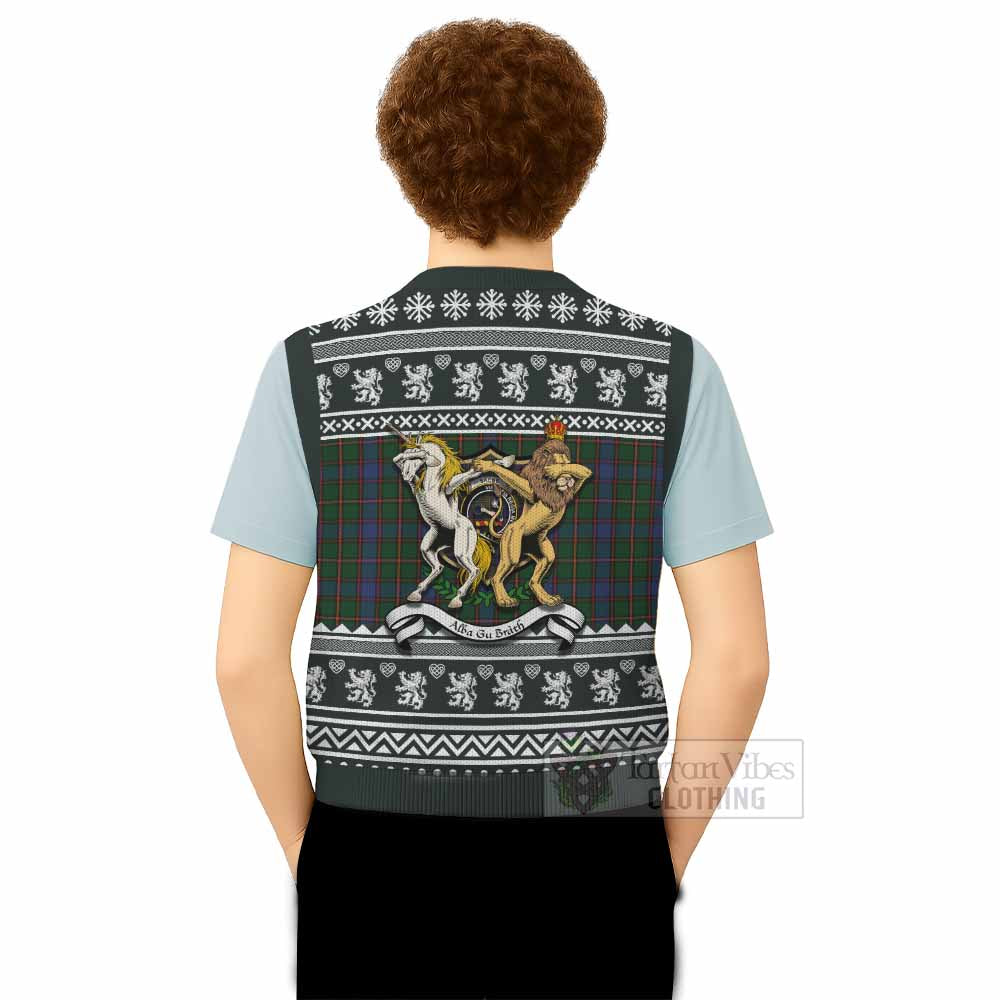 Skene Clan Tartan Crest Christmas Knitted V-Neck Vest Coat of Arms Funny Style - Tartan Vibes Clothing