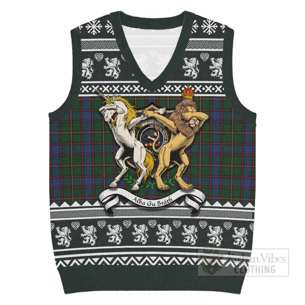 Skene Clan Tartan Crest Christmas Knitted V-Neck Vest Coat of Arms Funny Style - Tartan Vibes Clothing