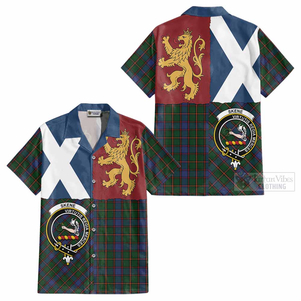 Skene Crest Tartan Cotton Hawaiian Shirt with Lion Rampant Saltire Style - Tartan Vibes Clothing
