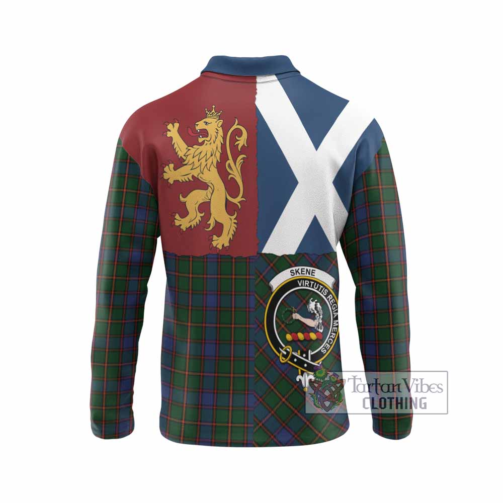 Skene Crest Tartan Long Sleeve Polo Shirt with Lion Rampant Saltire Style