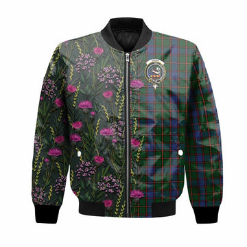 Skene Family Crest Tartan Bomber Jacket Scottish Thistle Flower Pattern Half Style