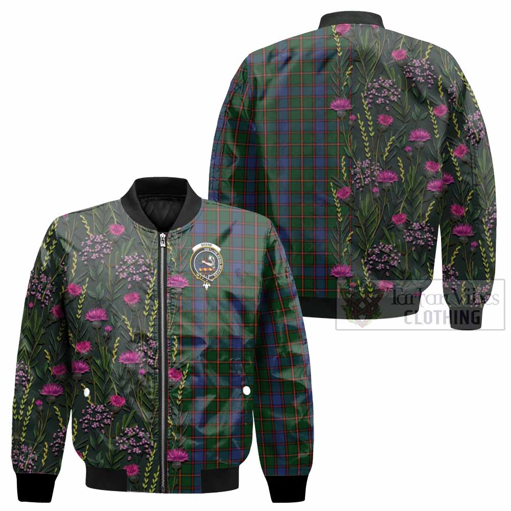 Skene Family Crest Tartan Bomber Jacket Scottish Thistle Flower Pattern Half Style - Tartan Vibes Clothing