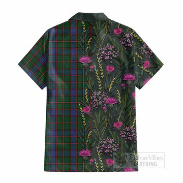 Skene Family Crest Tartan Cotton Hawaiian Shirt Scottish Thistle Flower Pattern Half Style - Tartan Vibes Clothing
