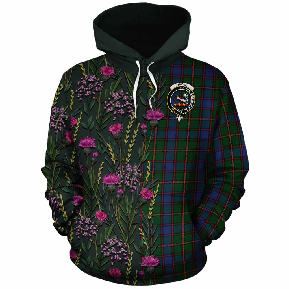 Skene Family Crest Tartan Cotton Hoodie Scottish Thistle Flower Pattern Half Style - Tartan Vibes Clothing
