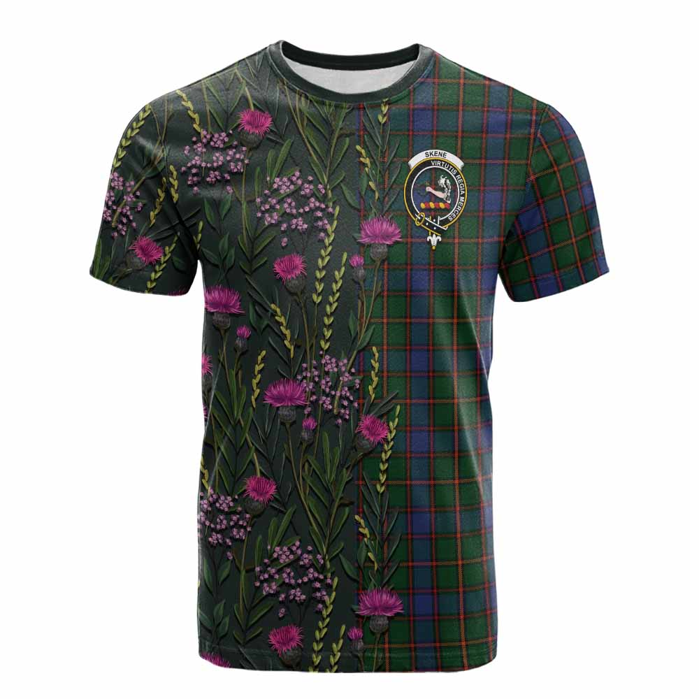 Skene Family Crest Tartan Cotton T-shirt Scottish Thistle Flower Pattern Half Style - Tartan Vibes Clothing