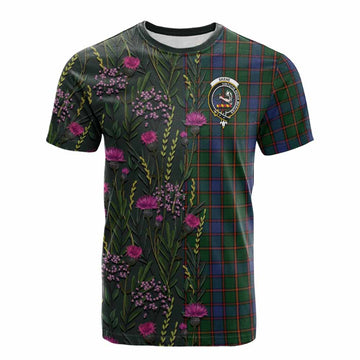 Skene Family Crest Tartan Cotton T-shirt Scottish Thistle Flower Pattern Half Style - Tartan Vibes Clothing