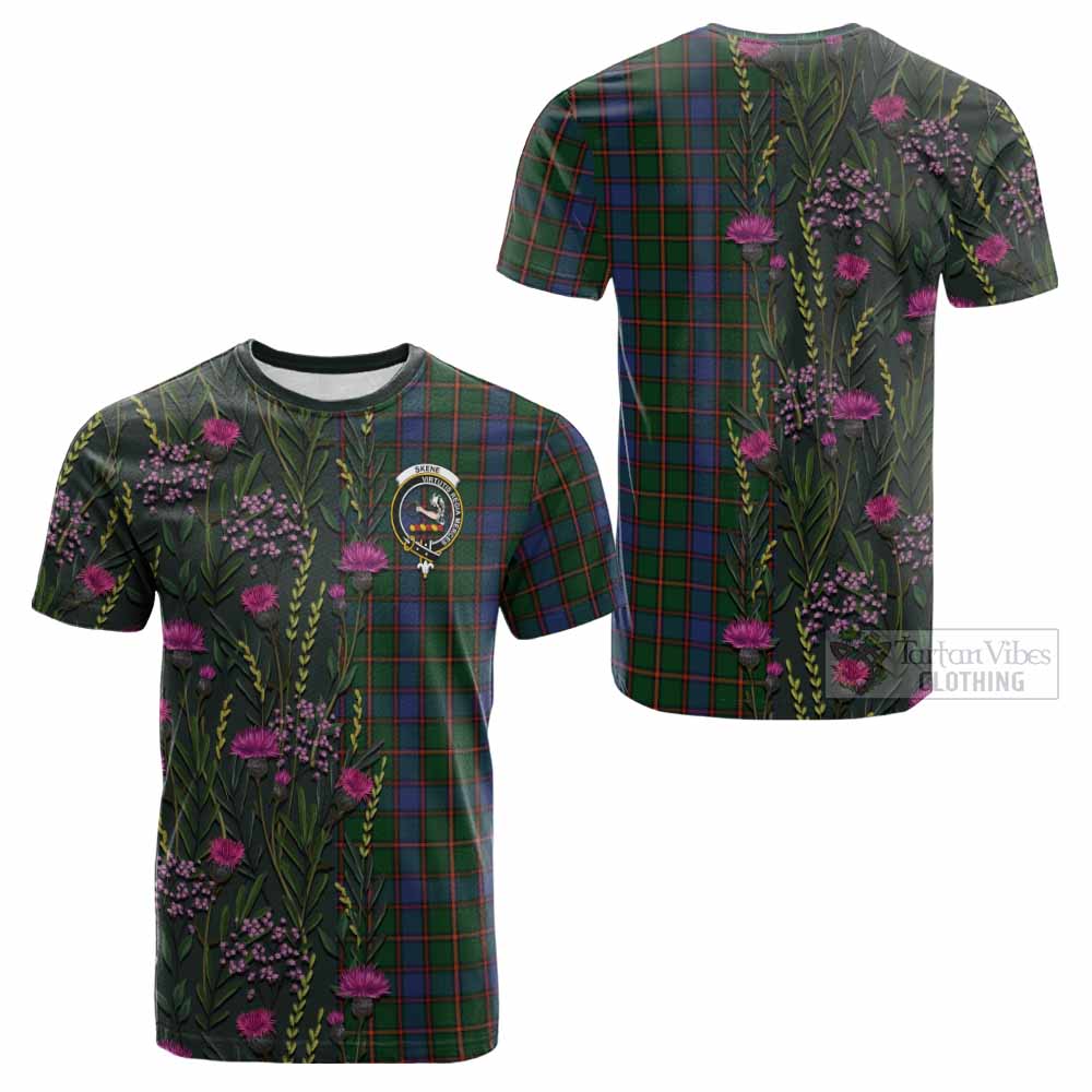 Skene Family Crest Tartan Cotton T-shirt Scottish Thistle Flower Pattern Half Style - Tartan Vibes Clothing