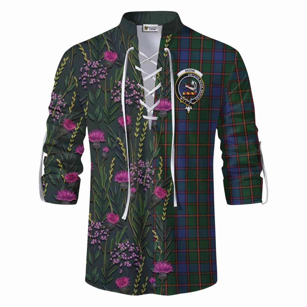 Skene Family Crest Tartan Ghillie Shirt Scottish Thistle Flower Pattern Half Style - Tartan Vibes Clothing