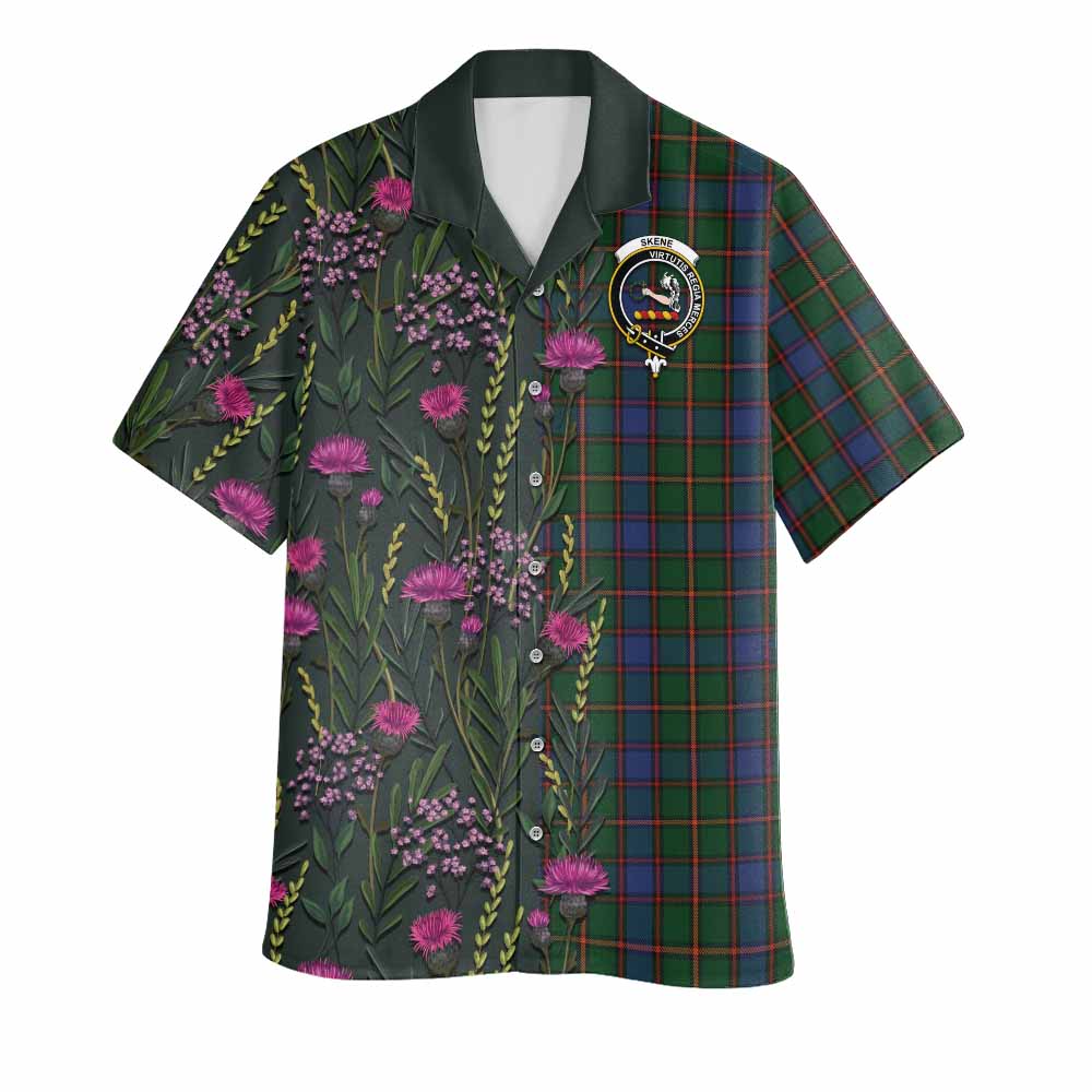 Skene Family Crest Tartan Hawaiian Shirt Scottish Thistle Flower Pattern Half Style - Tartan Vibes Clothing