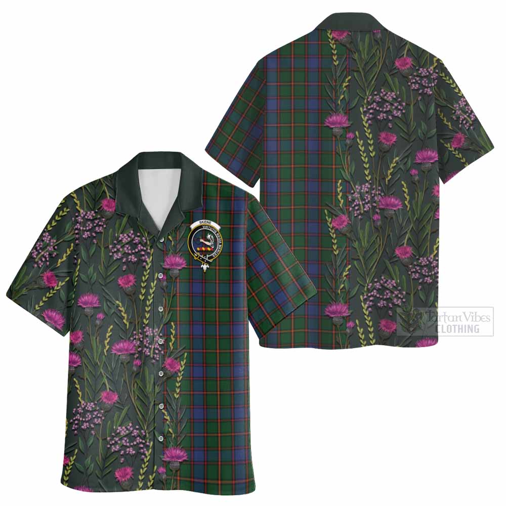 Skene Family Crest Tartan Hawaiian Shirt Scottish Thistle Flower Pattern Half Style - Tartan Vibes Clothing