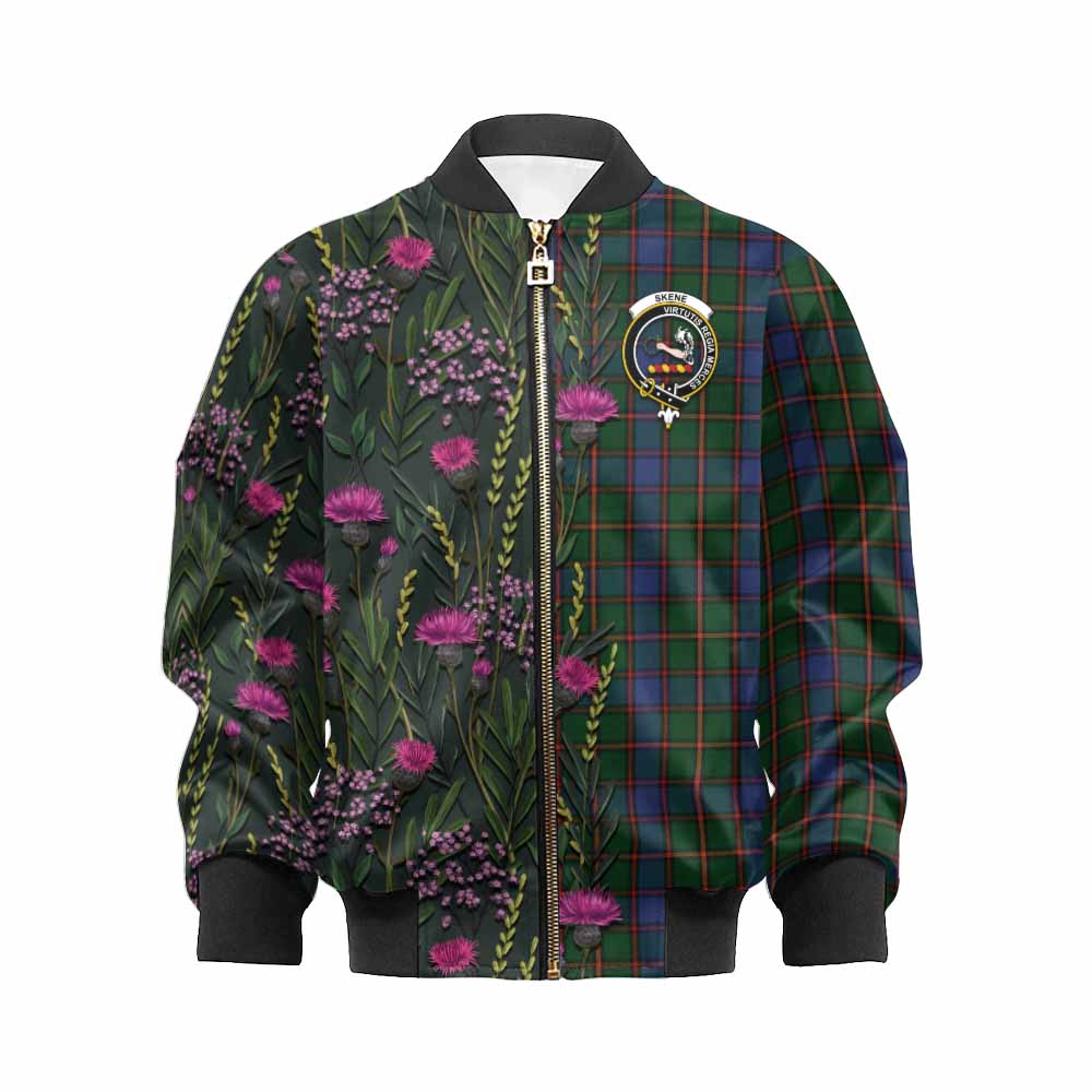 Skene Family Crest Tartan Kid Bomber Jacket Scottish Thistle Flower Pattern Half Style - Tartan Vibes Clothing