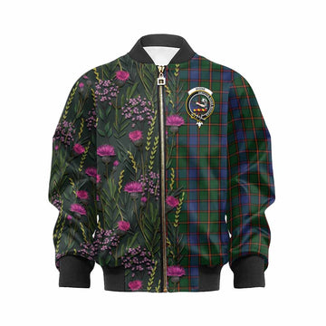 Skene Family Crest Tartan Kid Bomber Jacket Scottish Thistle Flower Pattern Half Style - Tartan Vibes Clothing