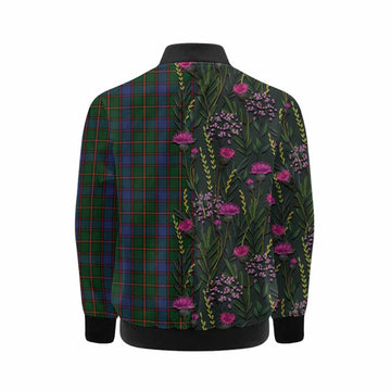 Skene Family Crest Tartan Kid Bomber Jacket Scottish Thistle Flower Pattern Half Style - Tartan Vibes Clothing