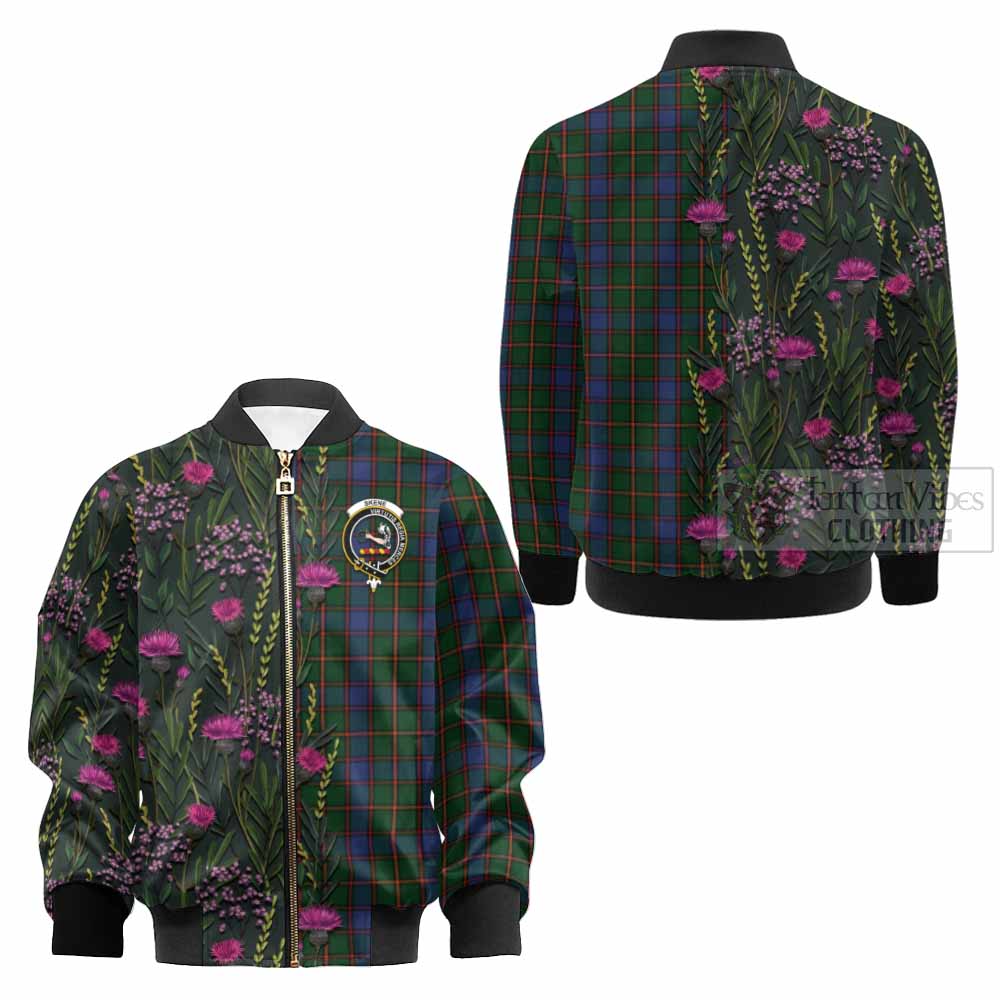 Skene Family Crest Tartan Kid Bomber Jacket Scottish Thistle Flower Pattern Half Style - Tartan Vibes Clothing