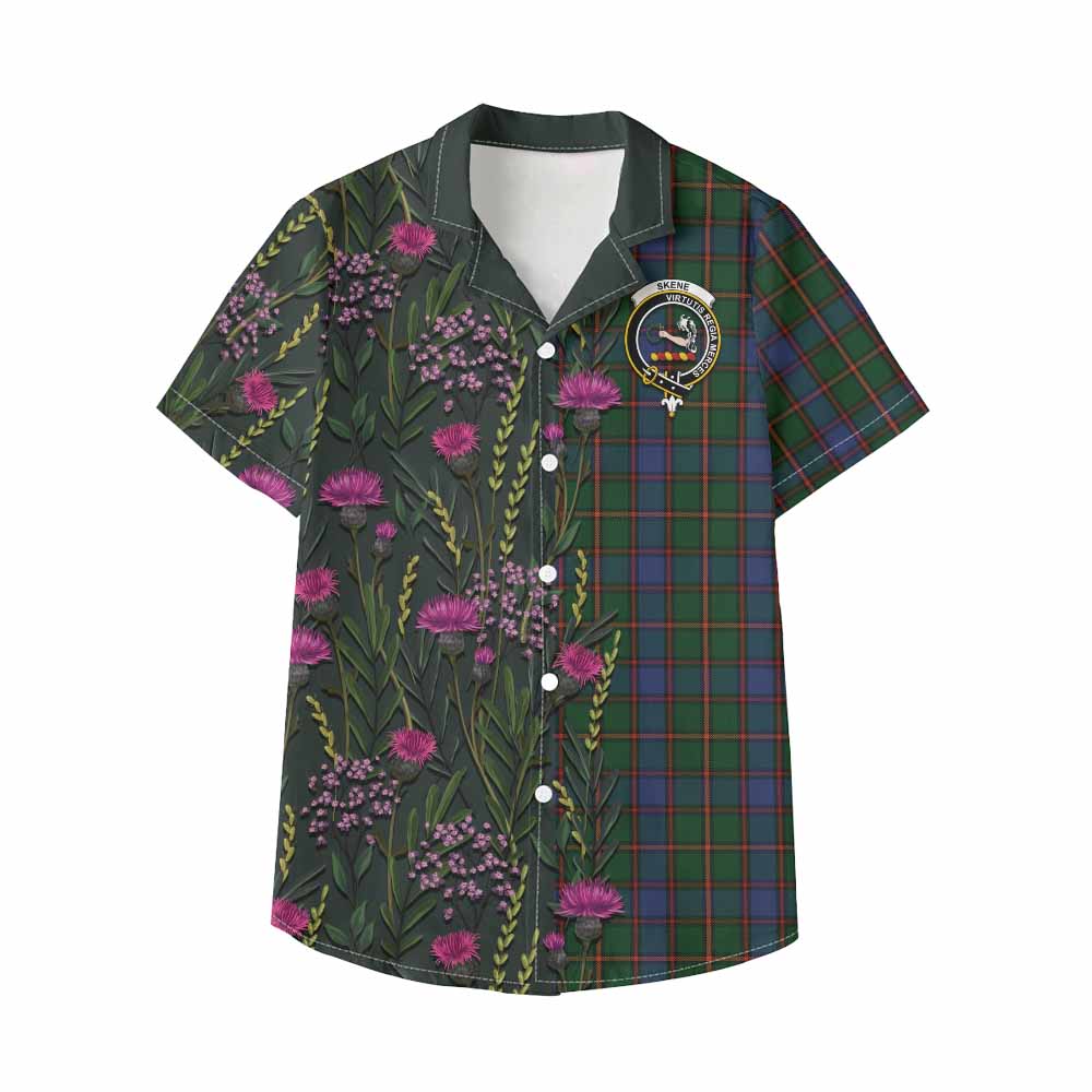 Skene Family Crest Tartan Kid Hawaiian Shirt Scottish Thistle Flower Pattern Half Style - Tartan Vibes Clothing