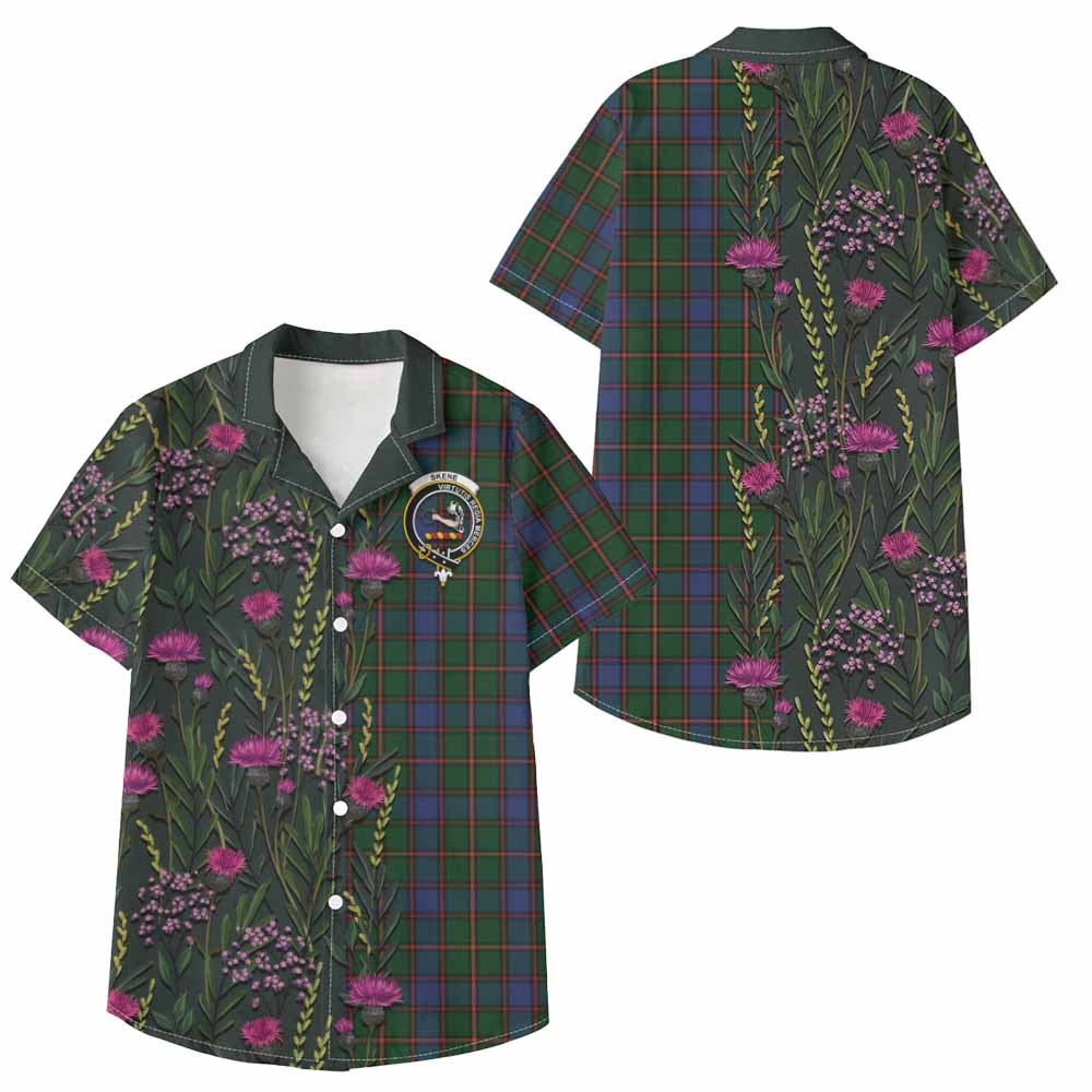 Skene Family Crest Tartan Kid Hawaiian Shirt Scottish Thistle Flower Pattern Half Style - Tartan Vibes Clothing