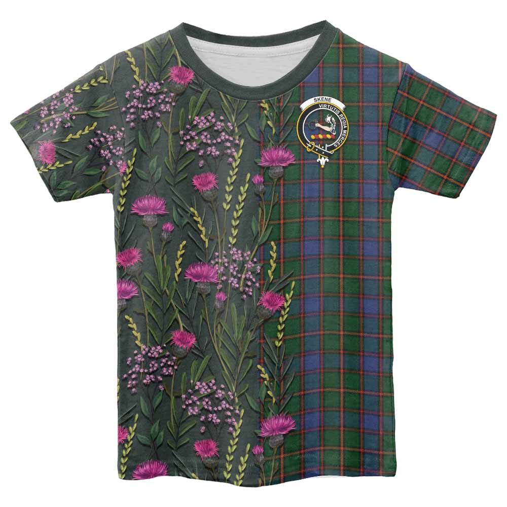 Skene Family Crest Tartan Kid T-shirt Scottish Thistle Flower Pattern Half Style - Tartan Vibes Clothing
