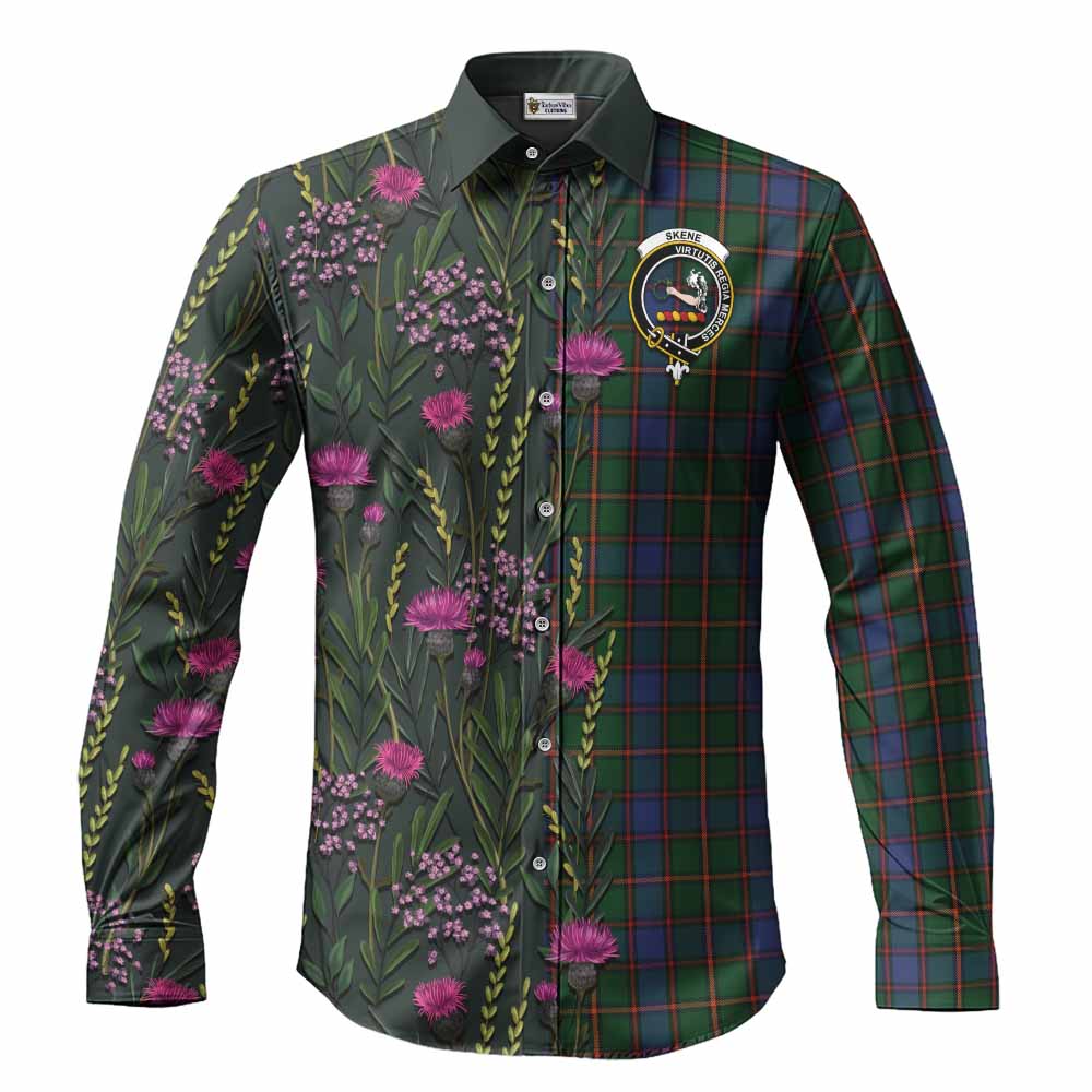 Skene Family Crest Tartan Long Sleeve Button Shirts Scottish Thistle Flower Pattern Half Style - Tartan Vibes Clothing