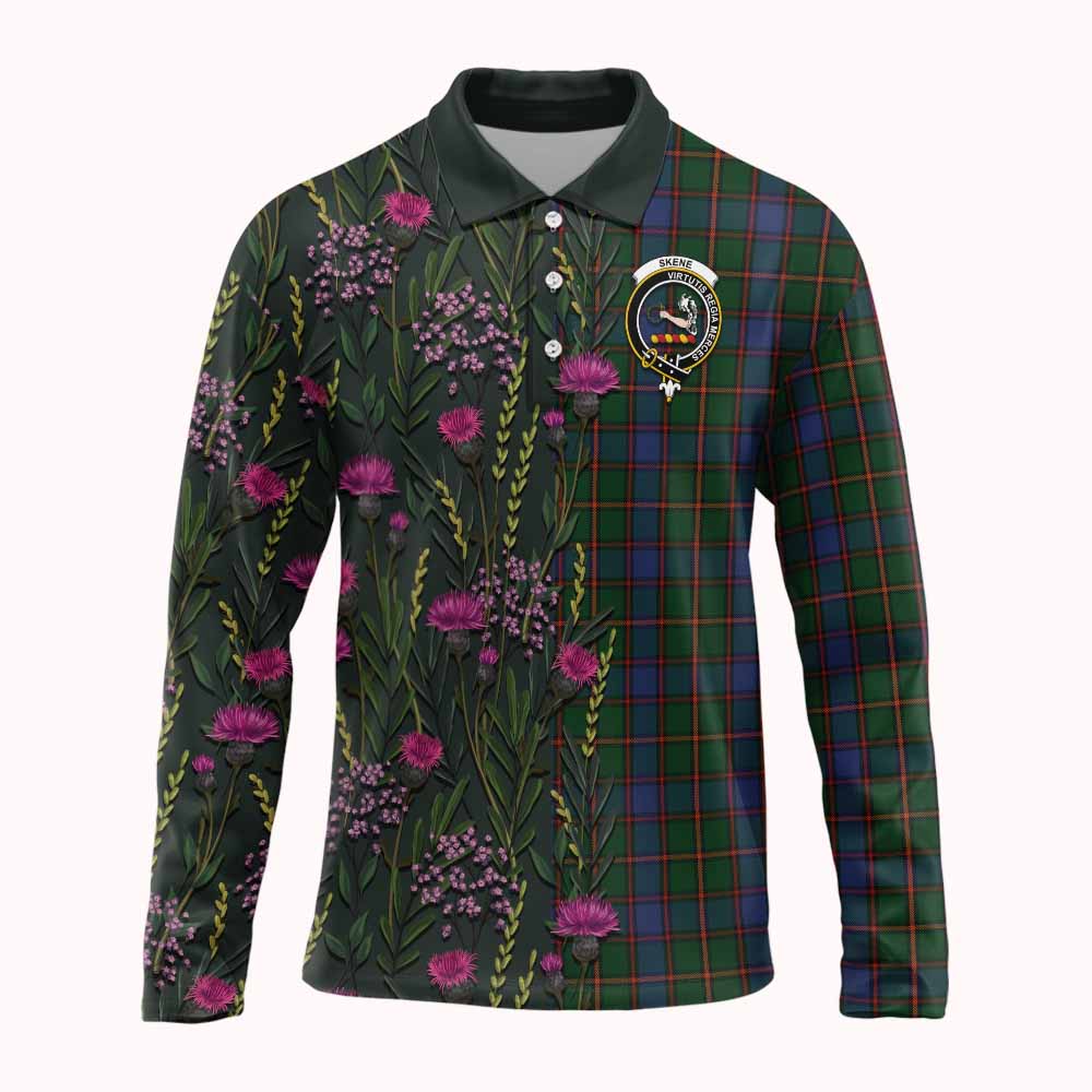 Skene Family Crest Tartan Long Sleeve Polo Shirt Scottish Thistle Flower Pattern Half Style - Tartan Vibes Clothing