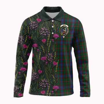 Skene Family Crest Tartan Long Sleeve Polo Shirt Scottish Thistle Flower Pattern Half Style
