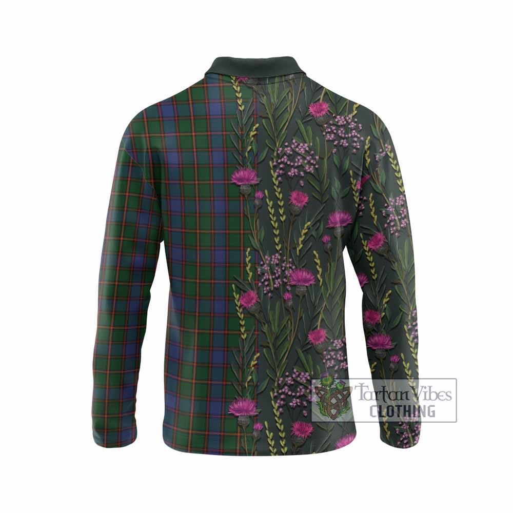 Skene Family Crest Tartan Long Sleeve Polo Shirt Scottish Thistle Flower Pattern Half Style - Tartan Vibes Clothing