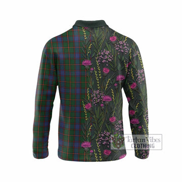 Skene Family Crest Tartan Long Sleeve Polo Shirt Scottish Thistle Flower Pattern Half Style