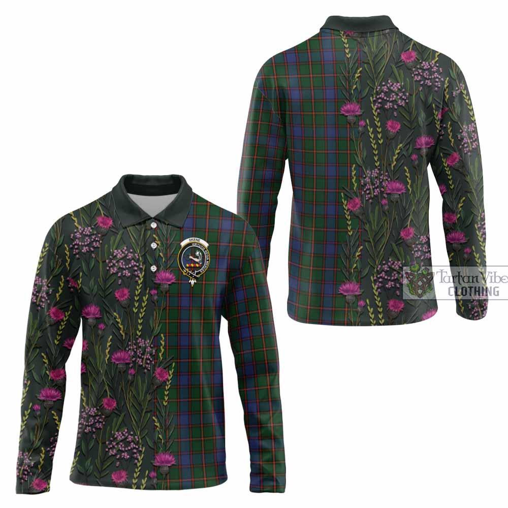 Skene Family Crest Tartan Long Sleeve Polo Shirt Scottish Thistle Flower Pattern Half Style - Tartan Vibes Clothing
