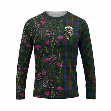 Skene Family Crest Tartan Long Sleeve T-Shirt Scottish Thistle Flower Pattern Half Style - Tartan Vibes Clothing