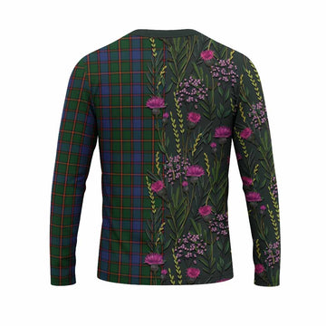 Skene Family Crest Tartan Long Sleeve T-Shirt Scottish Thistle Flower Pattern Half Style - Tartan Vibes Clothing