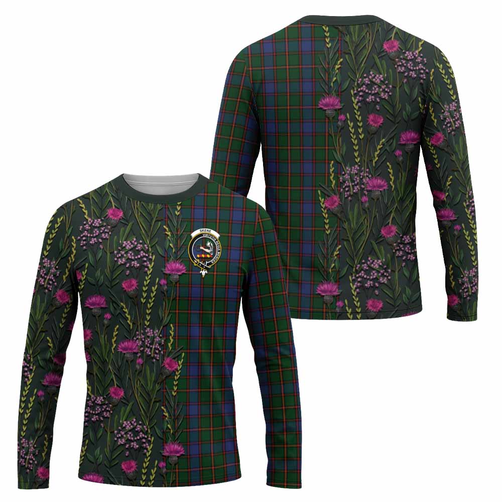 Skene Family Crest Tartan Long Sleeve T-Shirt Scottish Thistle Flower Pattern Half Style - Tartan Vibes Clothing