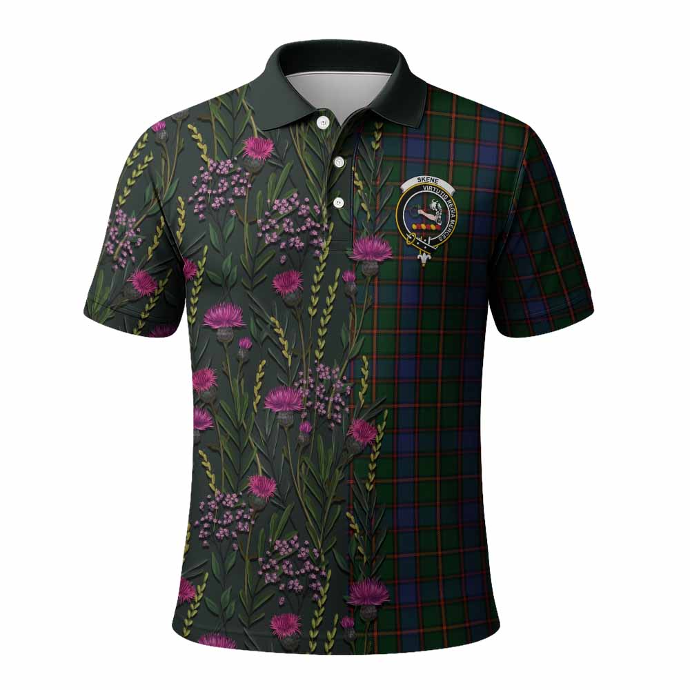 Skene Family Crest Tartan Polo Shirt Scottish Thistle Flower Pattern Half Style - Tartan Vibes Clothing